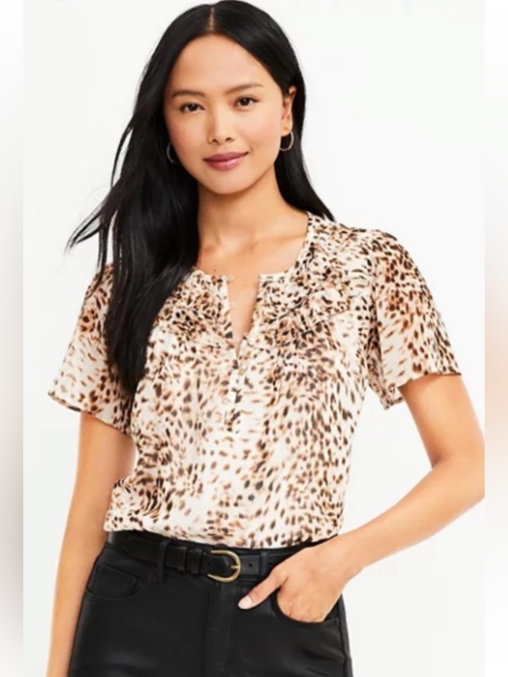 LOFT Leopard Print Fully Lined Gold Button Blouse in Brown and Cream SZ S